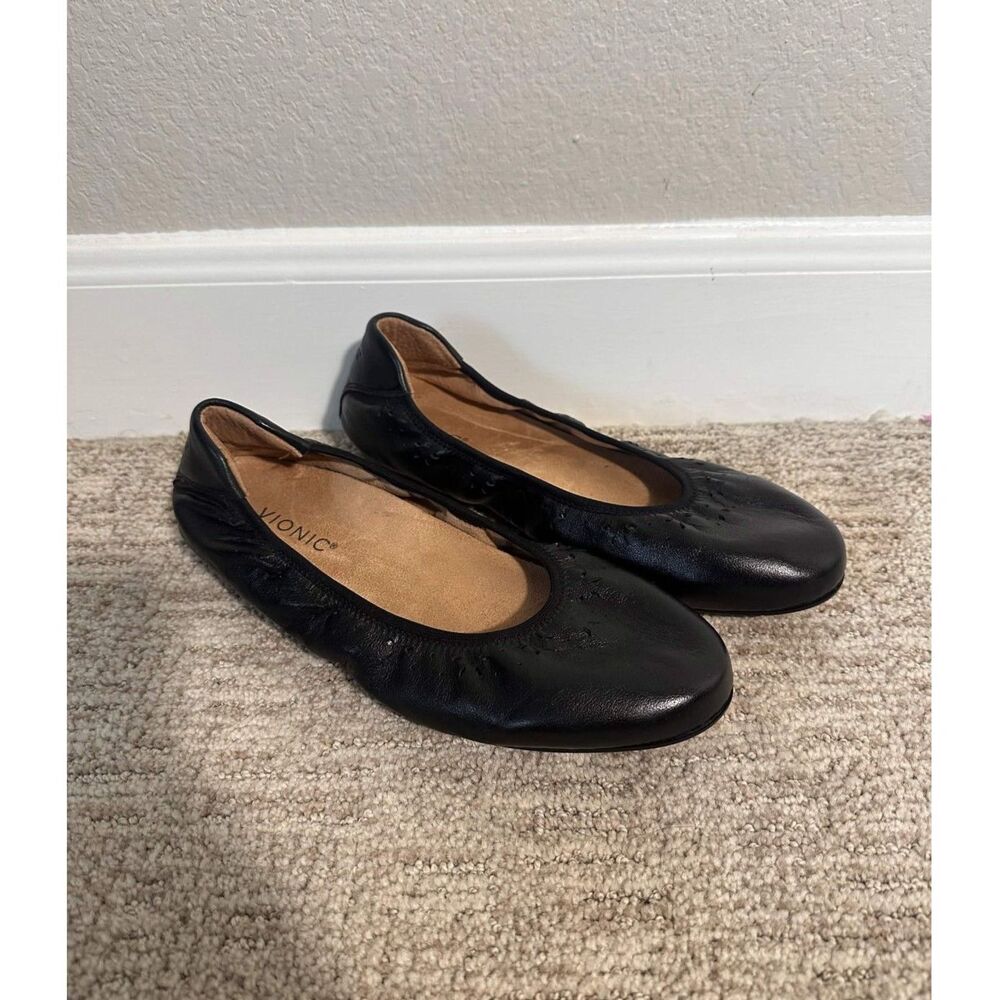 Vionic Geneva Black Leather Ballet Flats Size 10 Wide Orthotic Comfort Shoes